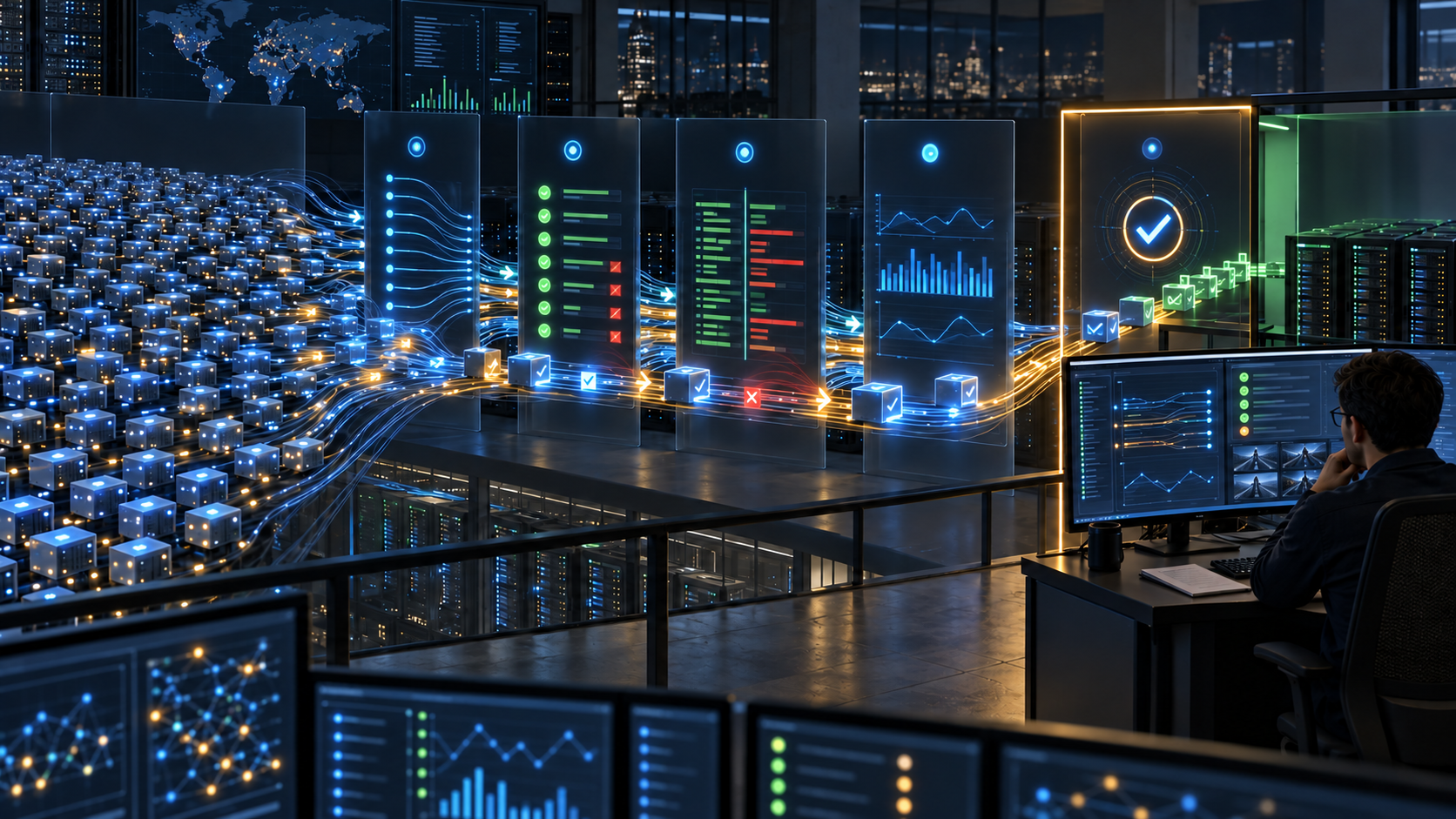 Thousands of AI agent tasks passing through monitoring and a human release gate