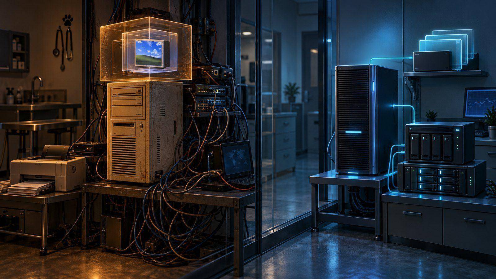 Editorial illustration contrasting an improvised legacy clinic server with a supported business server and backup path