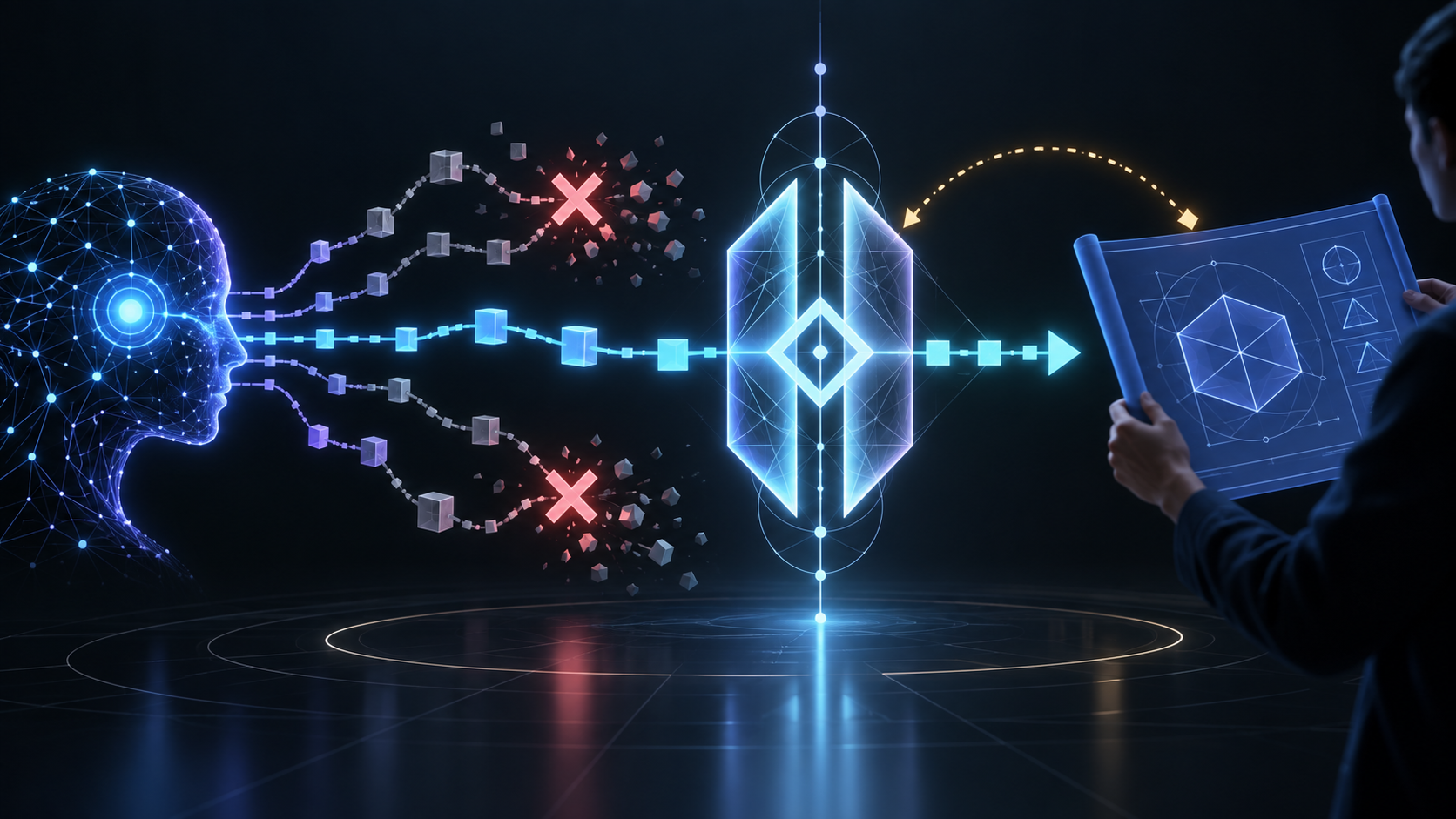 AI-generated code paths being checked against a human-defined proof gate