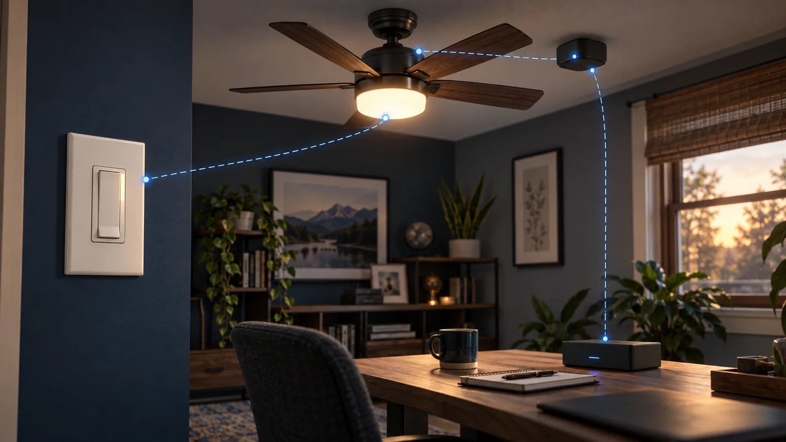 Editorial illustration of a wall dimmer, ceiling fan light, RF bridge, and local automation controller