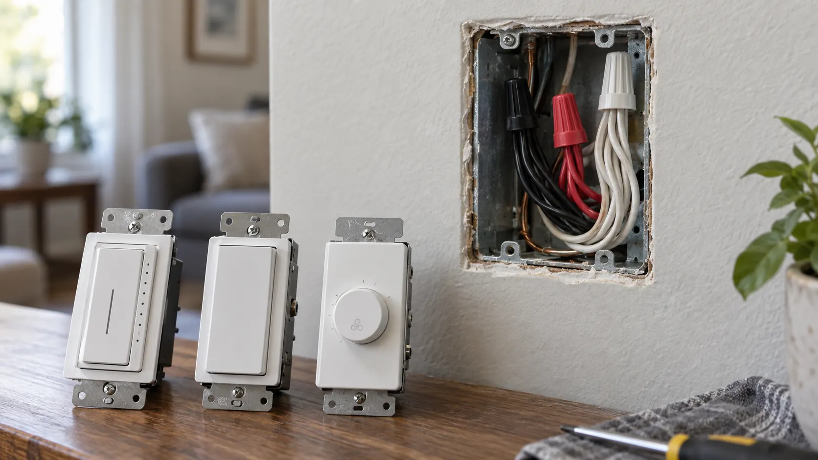 Editorial illustration of a dimmer, switch, and fan control beside a wall box with a neutral-wire bundle