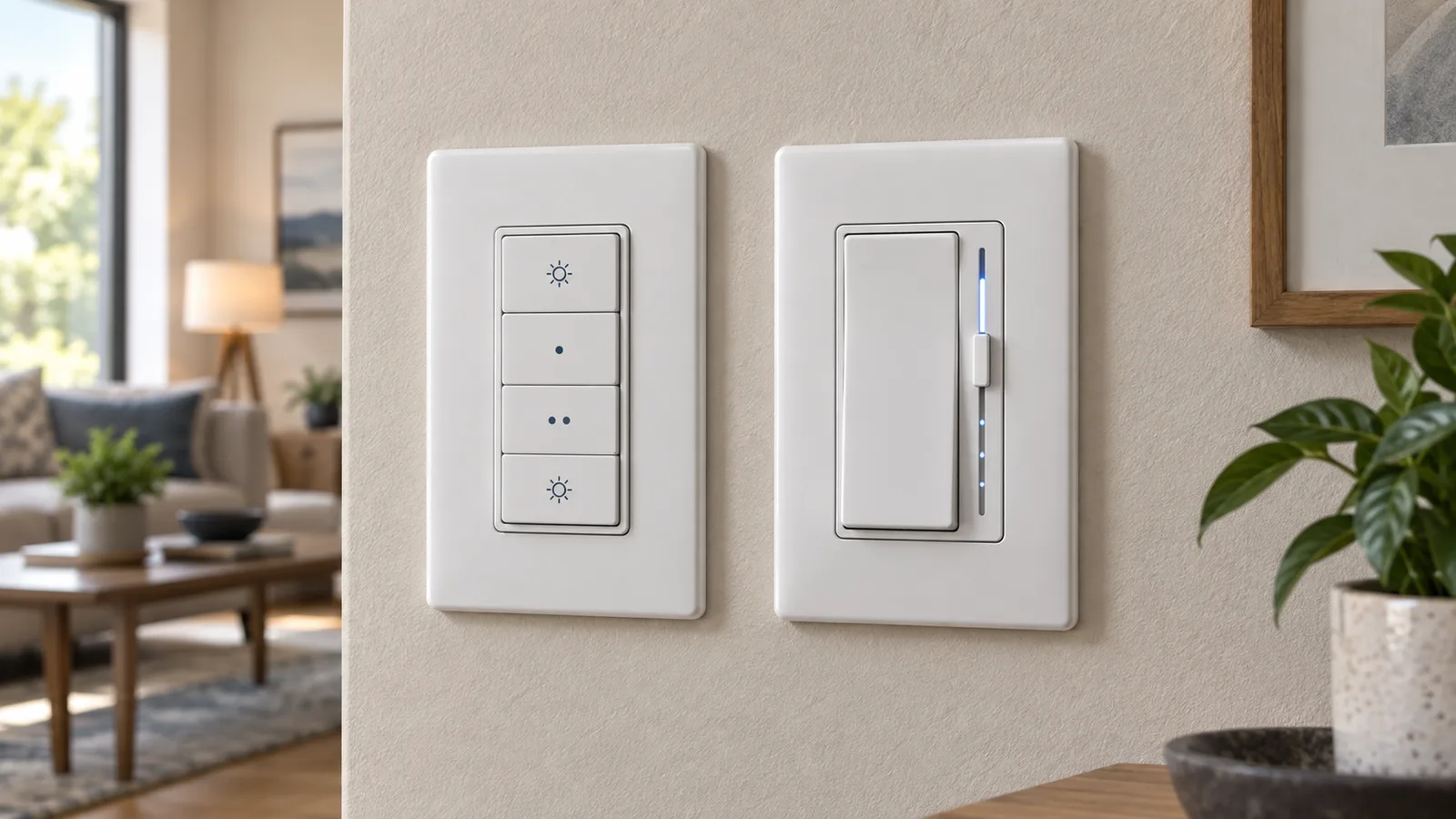 Editorial illustration of a button-style smart dimmer beside a paddle-and-slider smart dimmer
