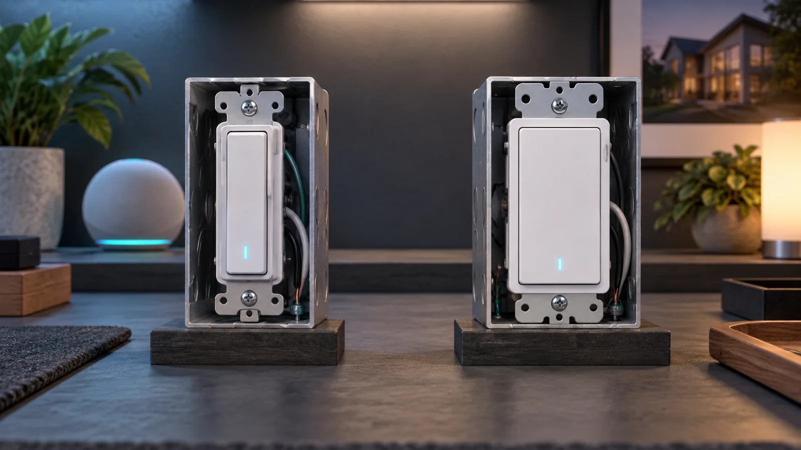 Editorial illustration of an older narrow-button wall switch beside a newer paddle-style wall switch