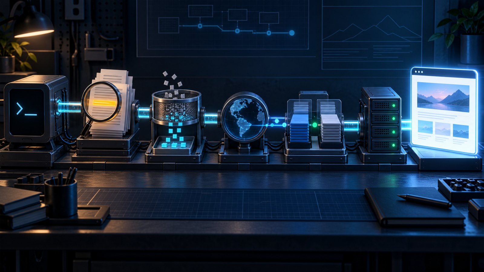 File search, network checks, version control and a live website connected as one publishing pipeline