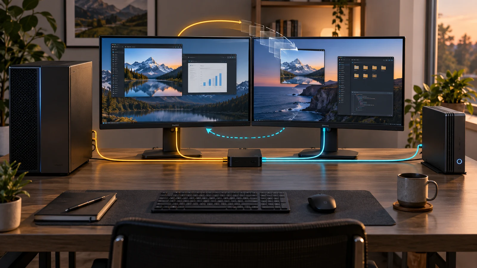 Editorial illustration of two Windows computers handing two monitors between display profiles