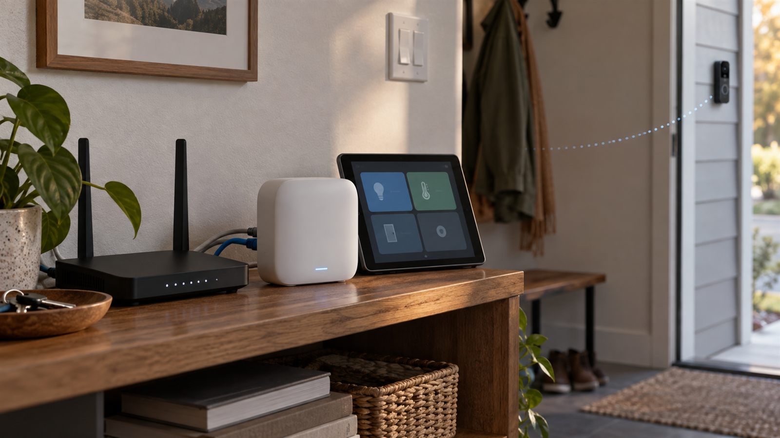 Editorial illustration of a home security base beside a router and separate home-automation dashboard