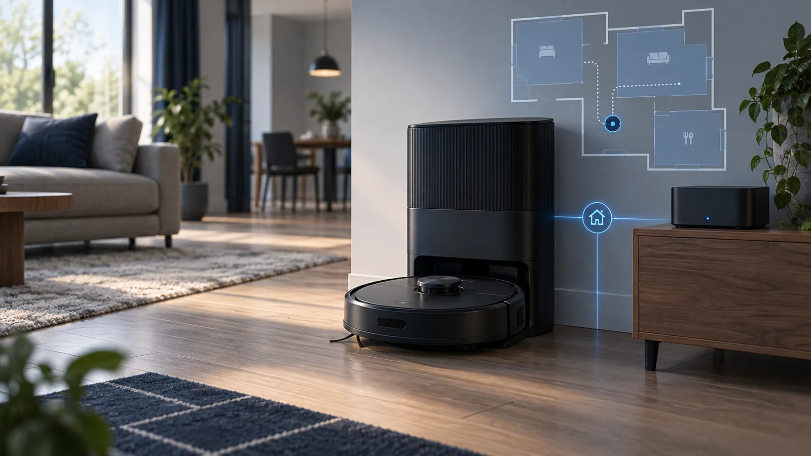 Editorial illustration of a robot vacuum, cleaning dock, and local Matter connection in a home