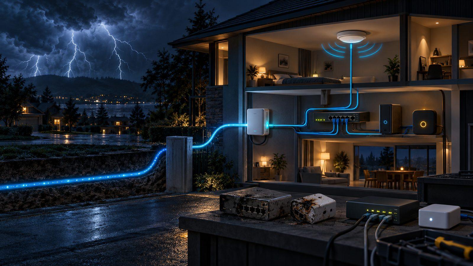 Editorial cutaway of intact fiber reaching a home with lightning-damaged and temporary local network equipment