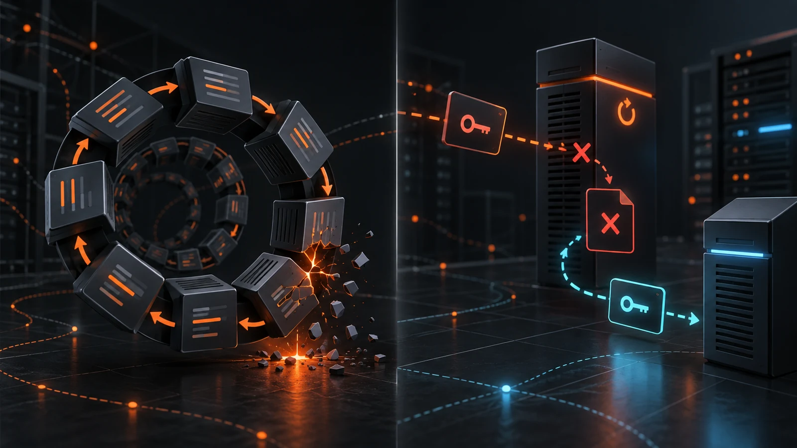 Editorial illustration of a recursive server-close loop and a stale session identifier recovering after a restart