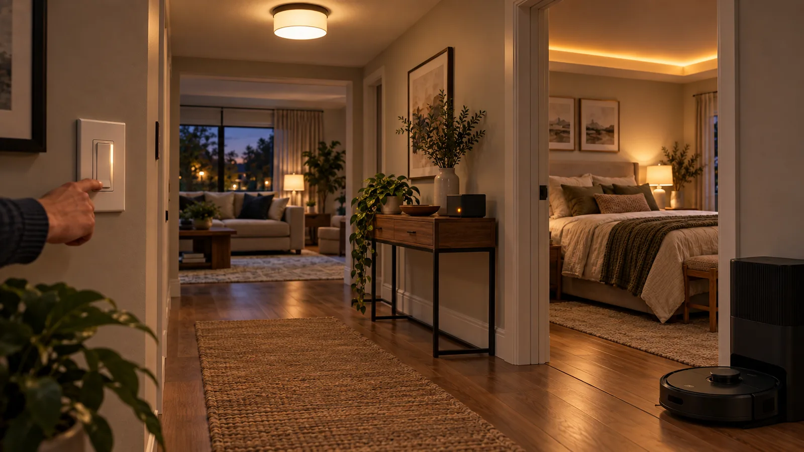 Physical lighting, cove lights, and a docked robot vacuum continuing to work around a controller fault
