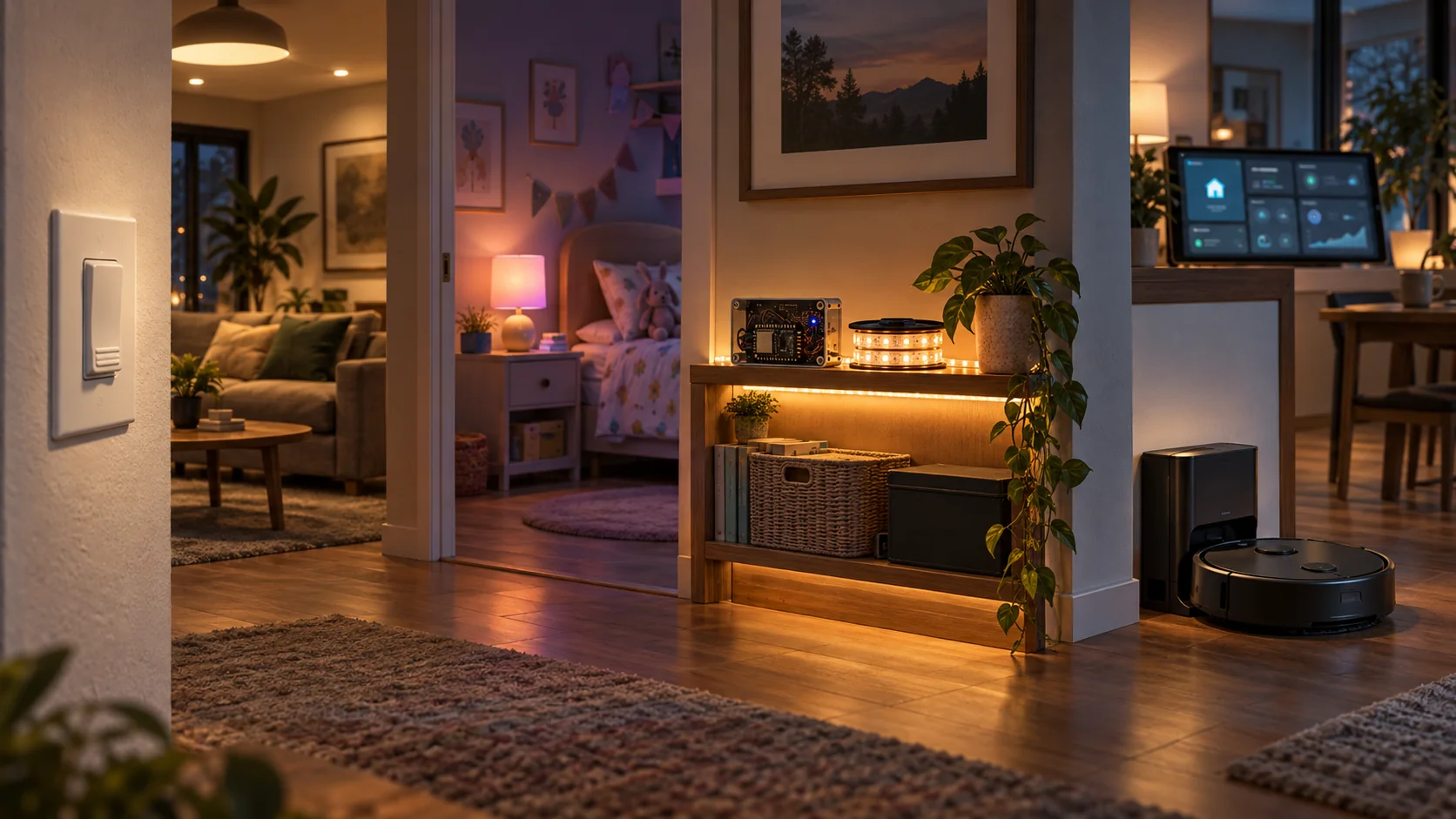 Editorial illustration of a wall dimmer, bedside lamp, ESP32 LED controller, and robot vacuum in one smart home