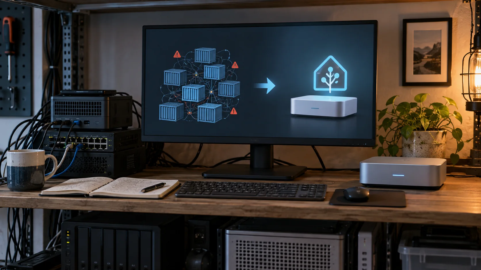 A complicated container stack being replaced by a simpler home automation installation