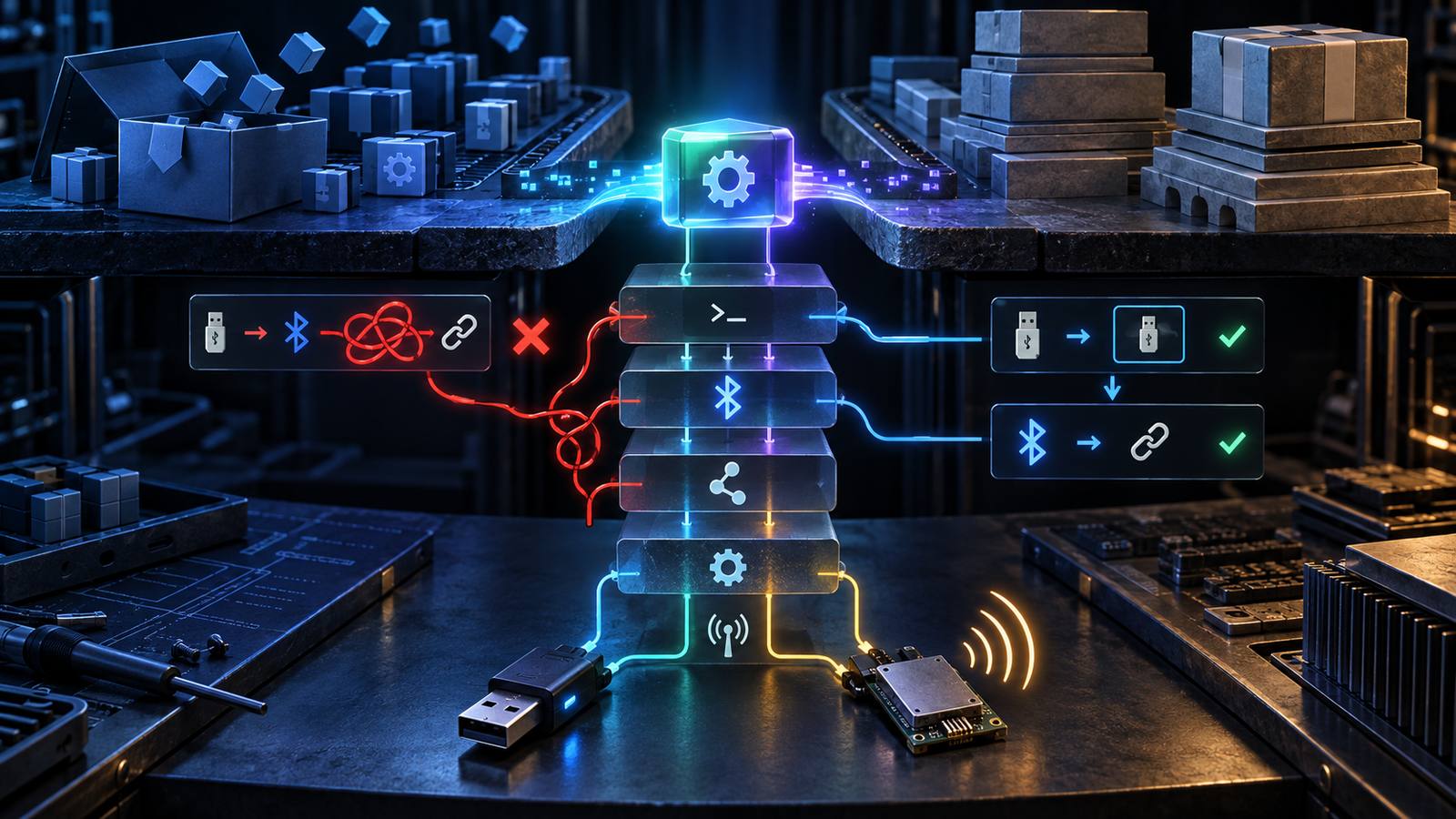 A portable binary above separate Linux packaging, service, privilege and Bluetooth hardware layers