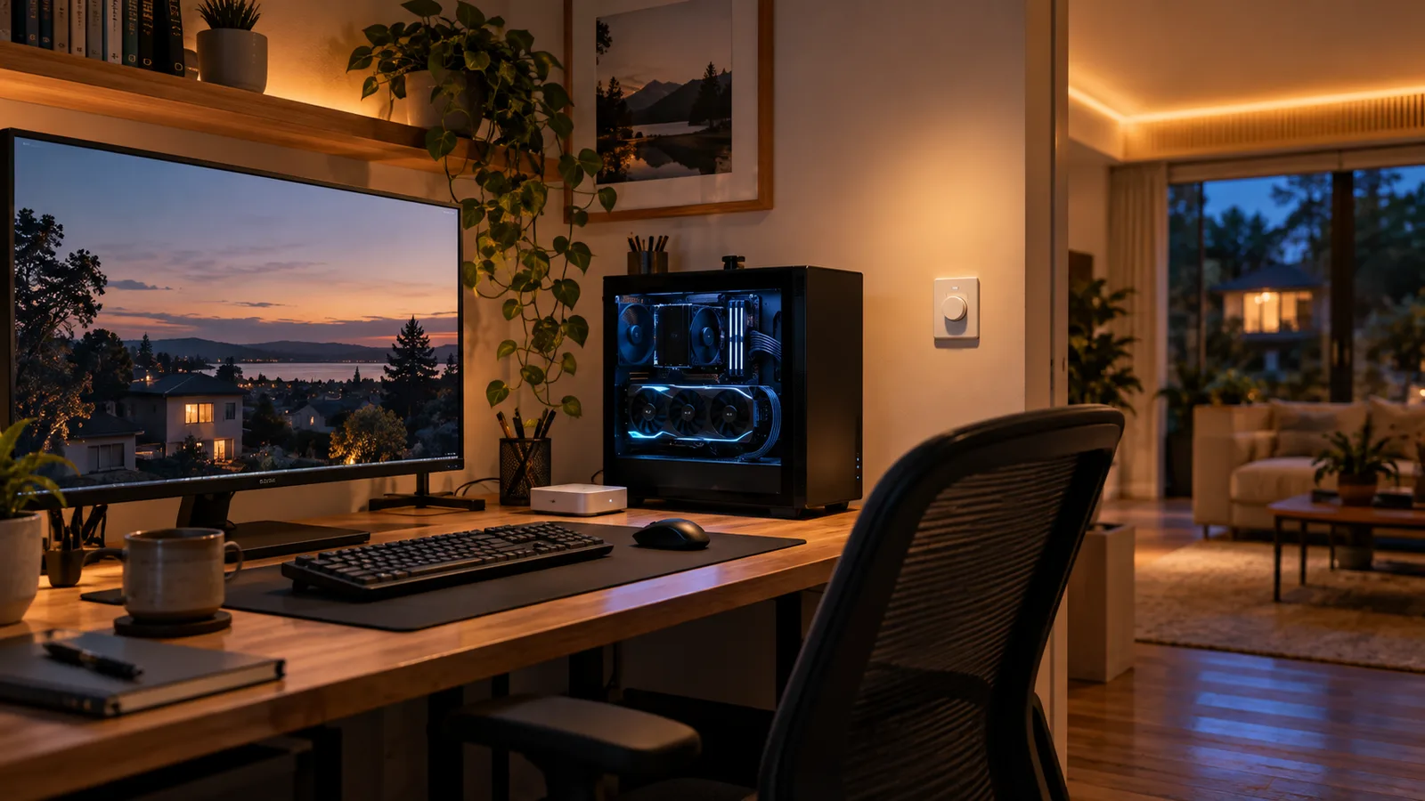 Editorial image of a local AI workstation connected to physical smart-home lighting controls