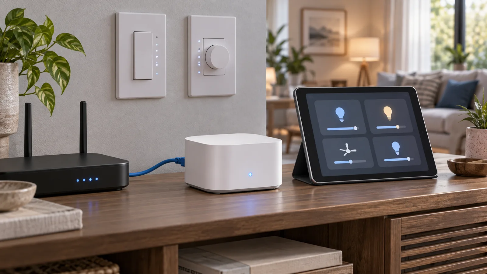 Editorial illustration of an Ethernet-connected smart-lighting hub between wall controls and a home-automation dashboard