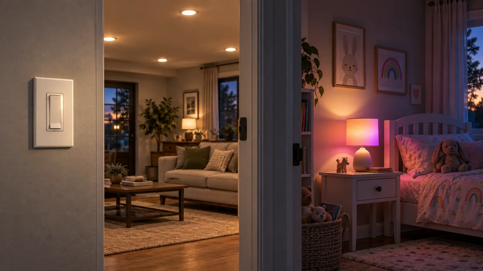 Editorial illustration of a wall dimmer controlling permanent lights beside a smart bedside lamp