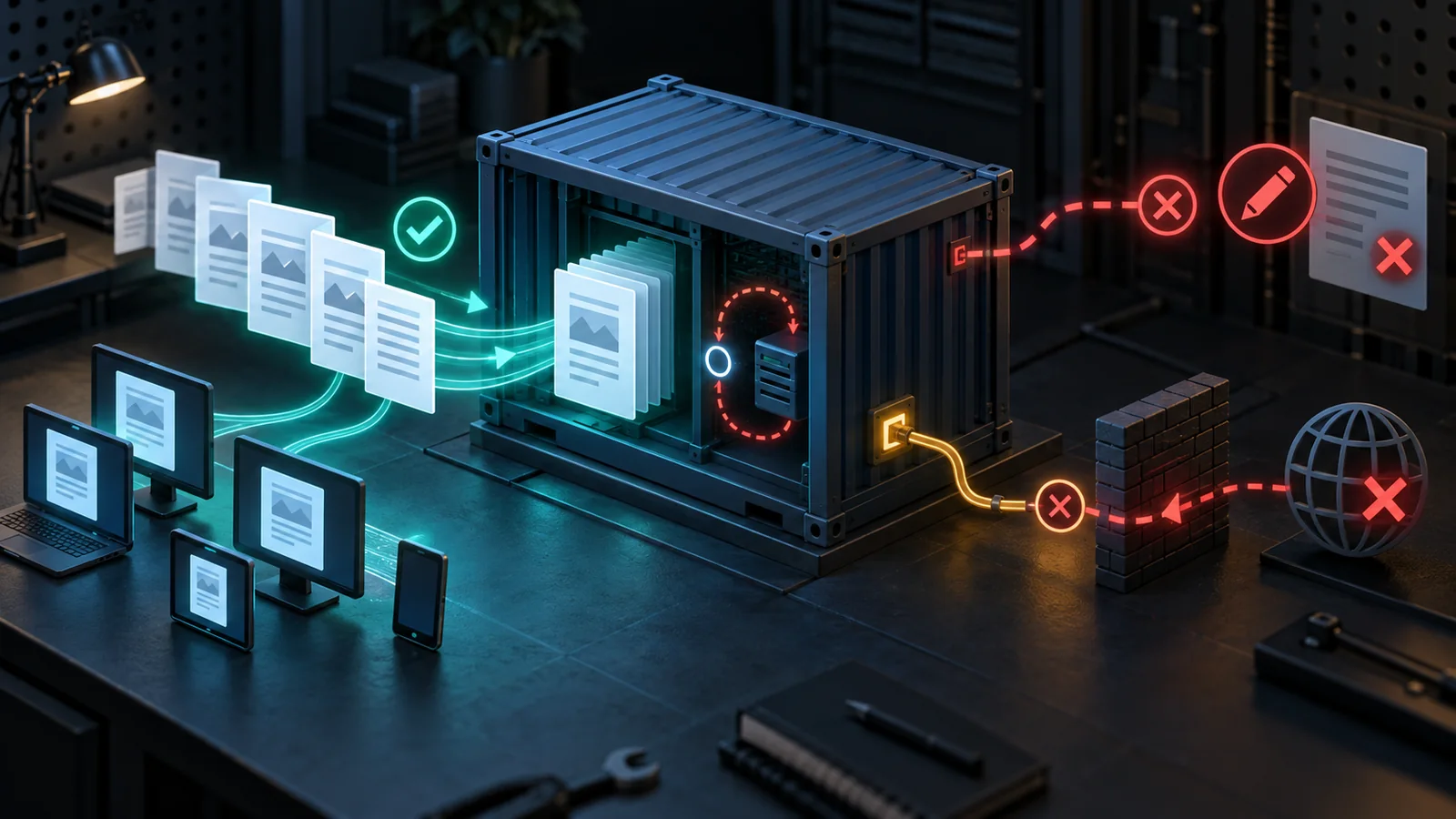 Editorial illustration of healthy document reads beside failed authenticated writes and an unreachable container port