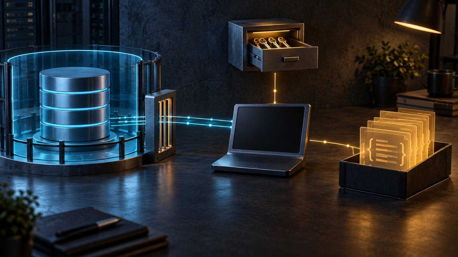 Editorial illustration separating database permissions, process credentials, and locally cached result files