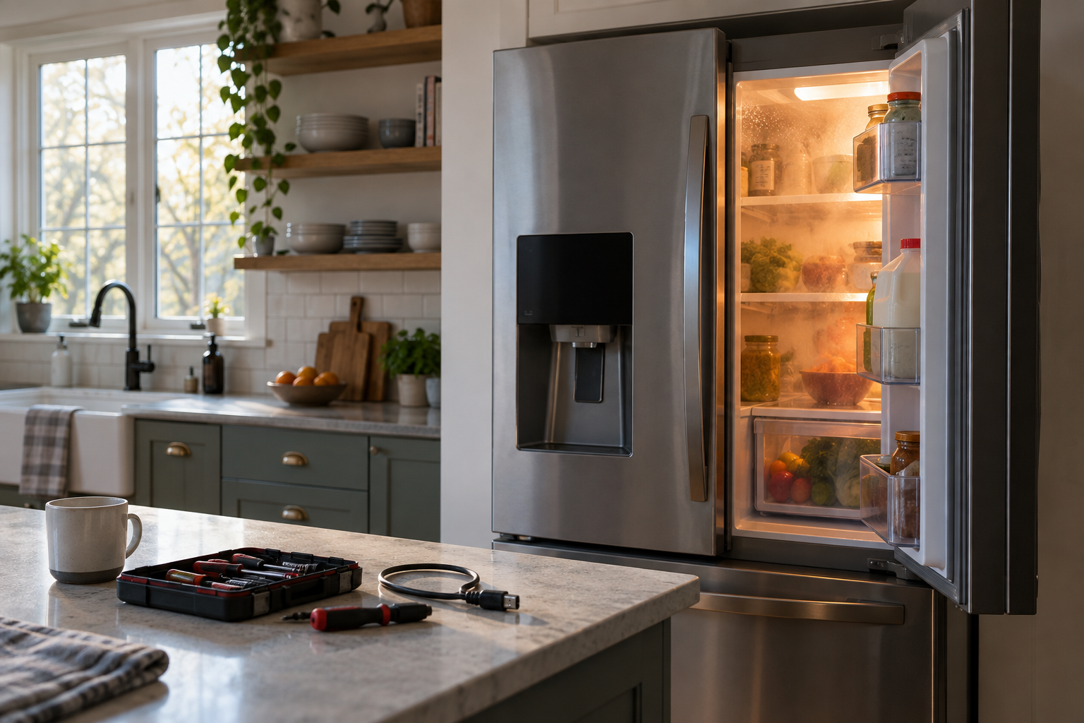 A refrigerator with a dark control display and repair tools on a kitchen counter