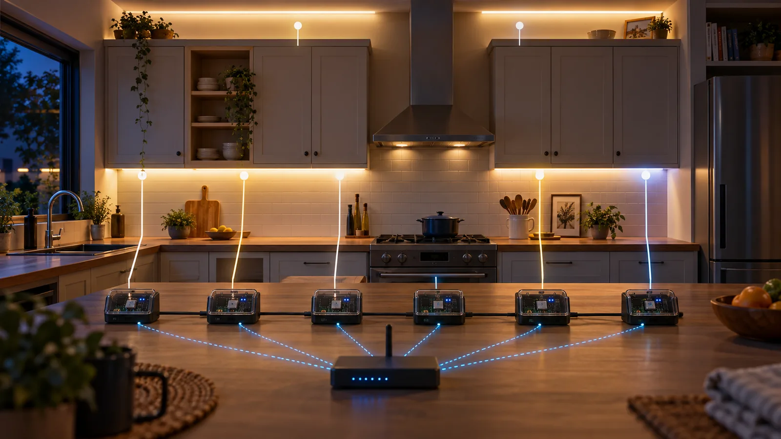 Editorial illustration of six WLED controllers coordinating separate kitchen LED runs