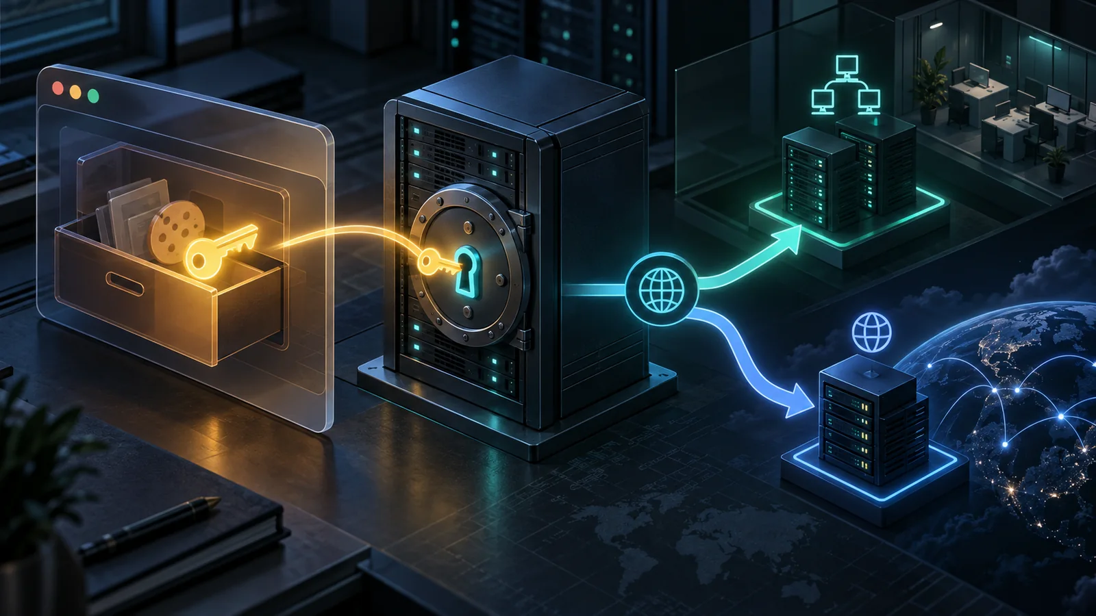 Editorial illustration of a DNS key moving from browser storage into a server vault while one domain splits into internal and external views