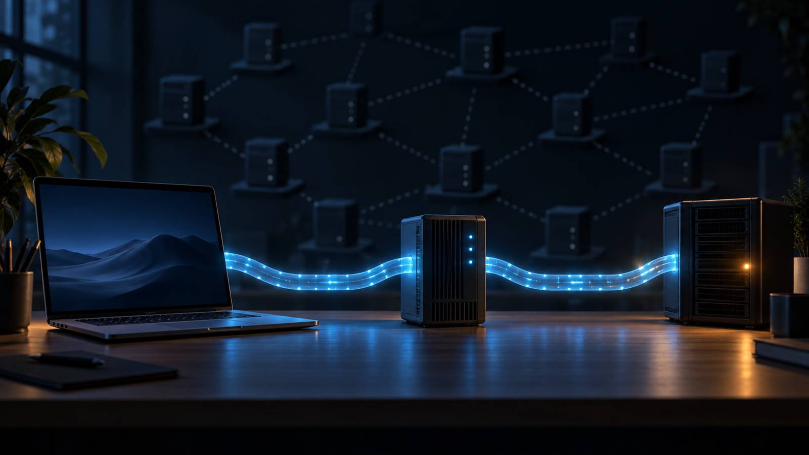 A laptop using one temporary encrypted path through an SSH gateway to a private service