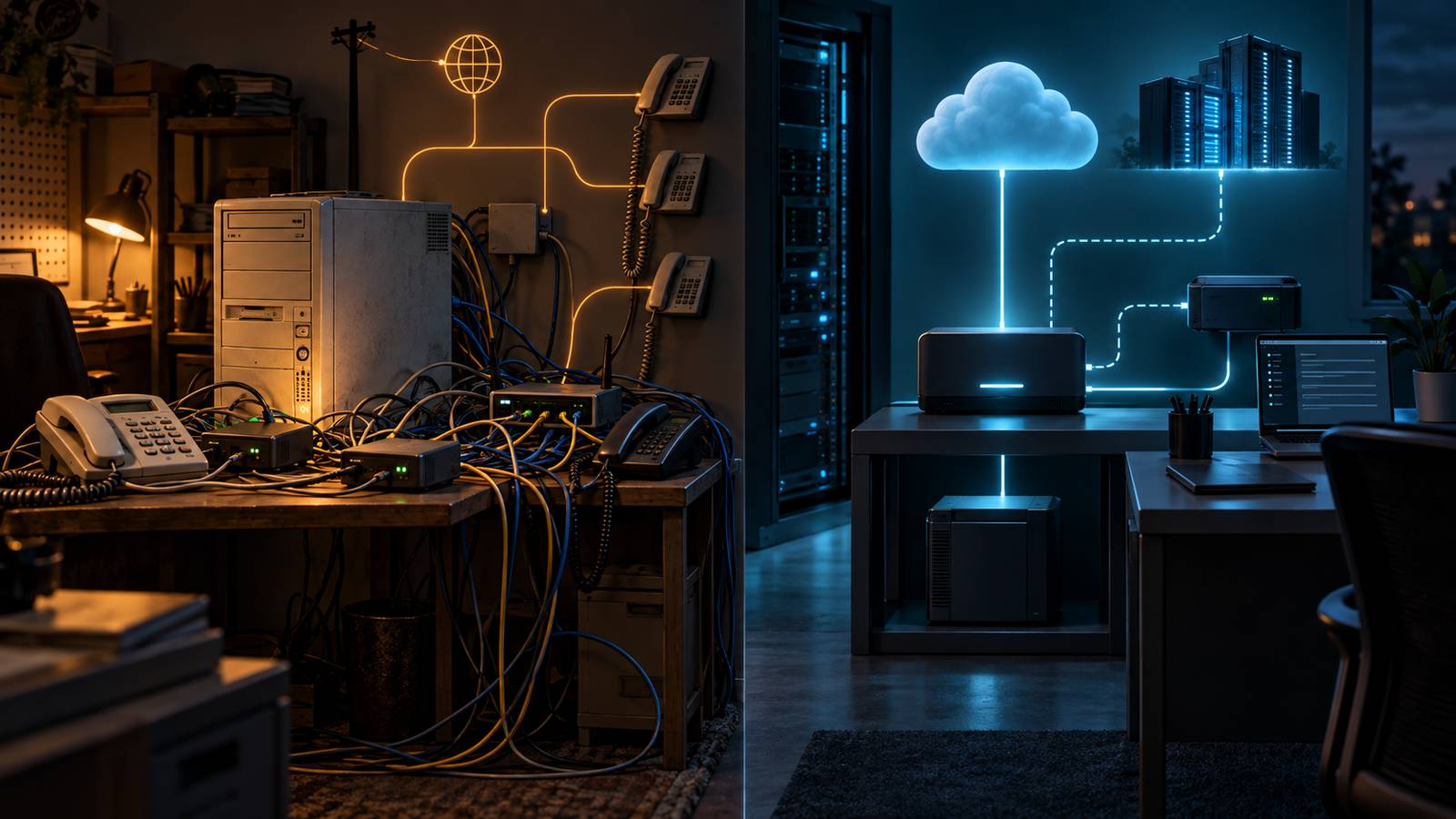 Editorial illustration contrasting an improvised home PBX with a controlled communications service