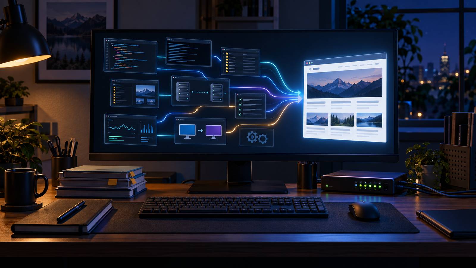 A Windows workstation connecting source inspection, server transfer, verification, and a published website