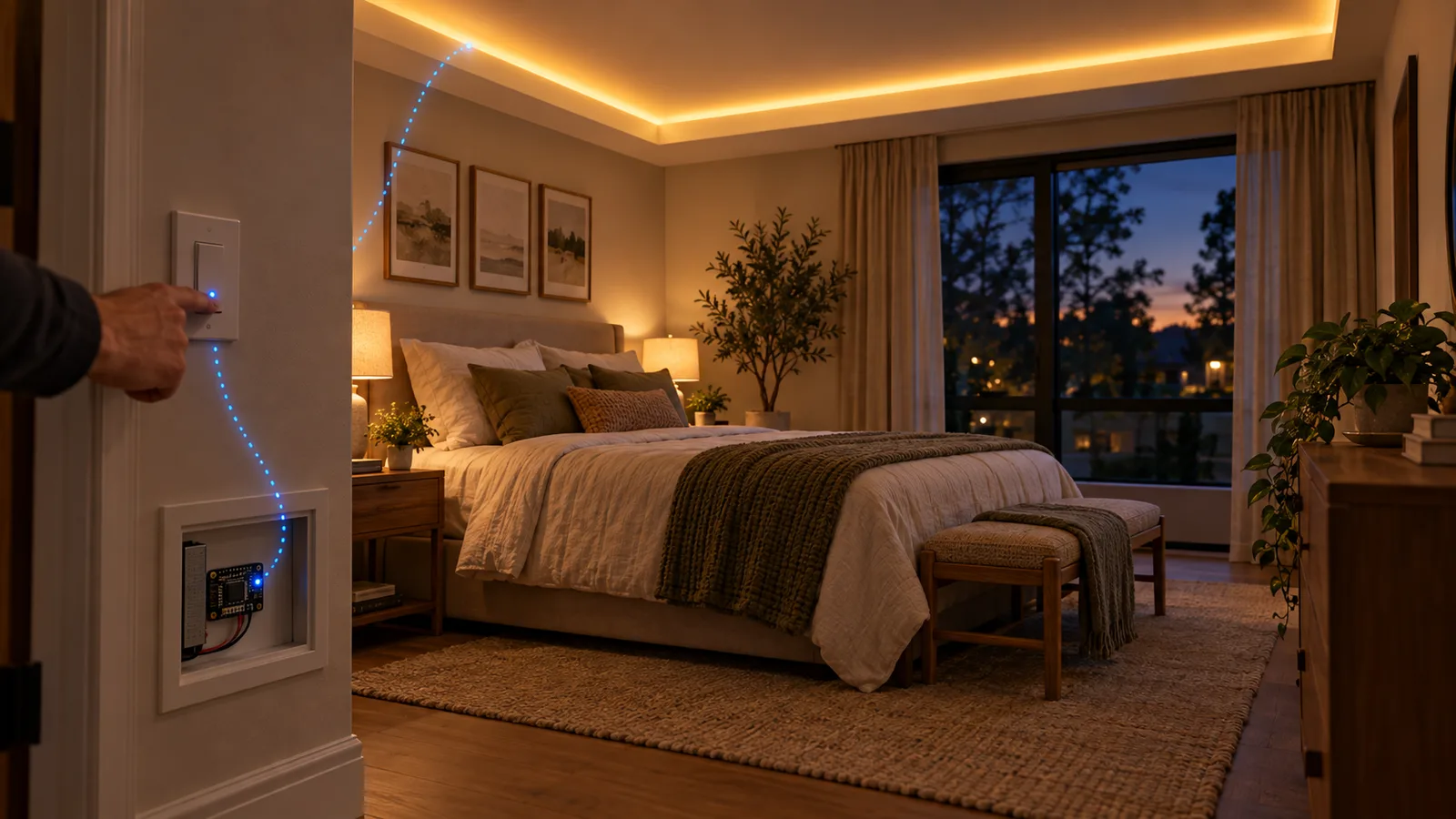 Editorial illustration of a wall switch, WLED controller, and warm bedroom cove lighting