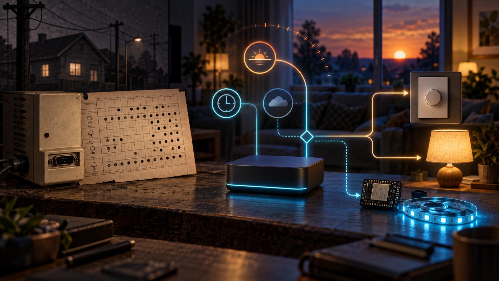 Editorial illustration contrasting an old serial lighting schedule with modern sunset, wall control, lamp and ESP32 automation