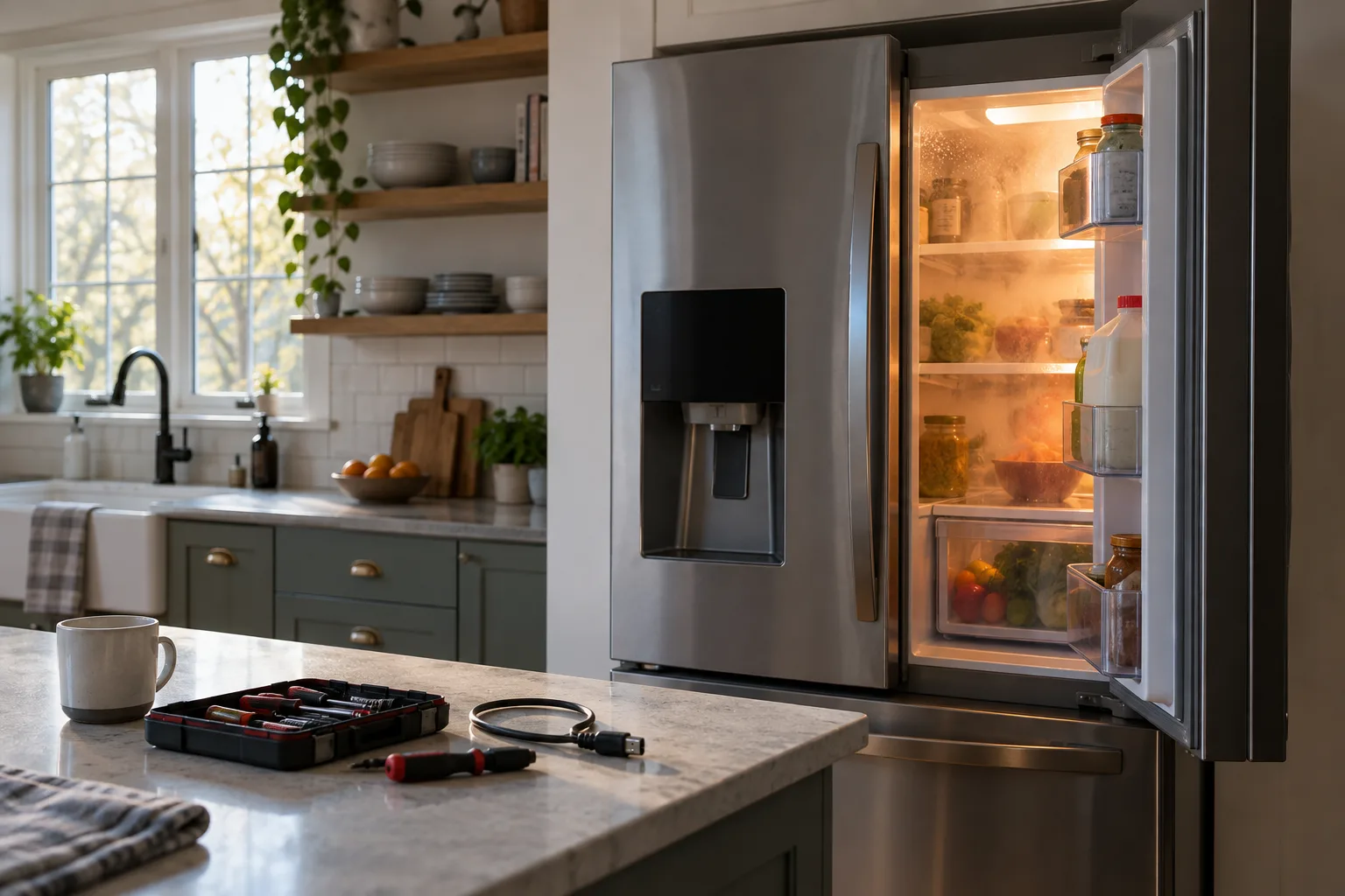 A refrigerator with a dark control display and repair tools on a kitchen counter