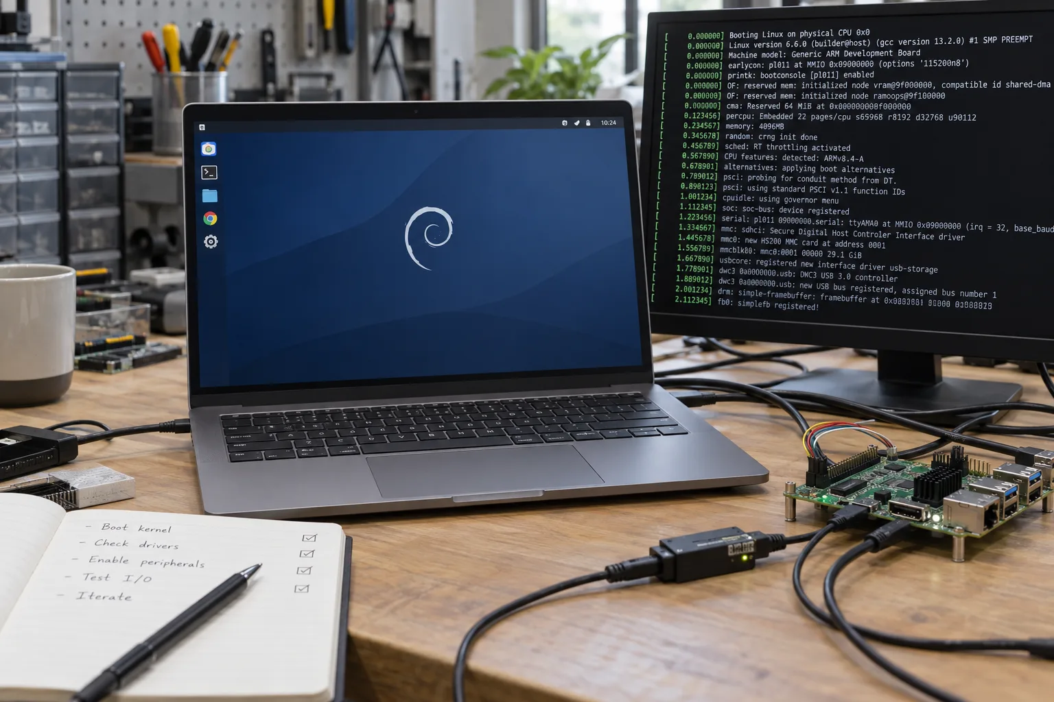 An ARM laptop running Linux beside kernel boot logs and hardware bring-up tools